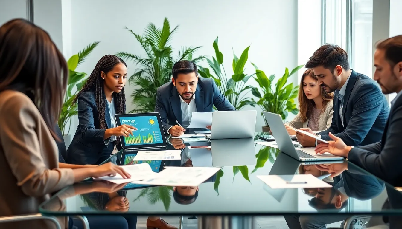 diverse team collaborating in a modern office on energy solutions.