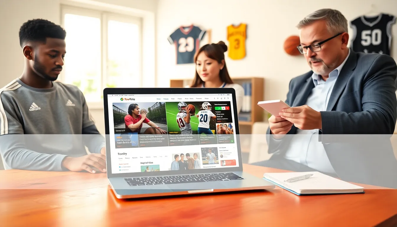 people discussing sports news on a laptop in a bright room.