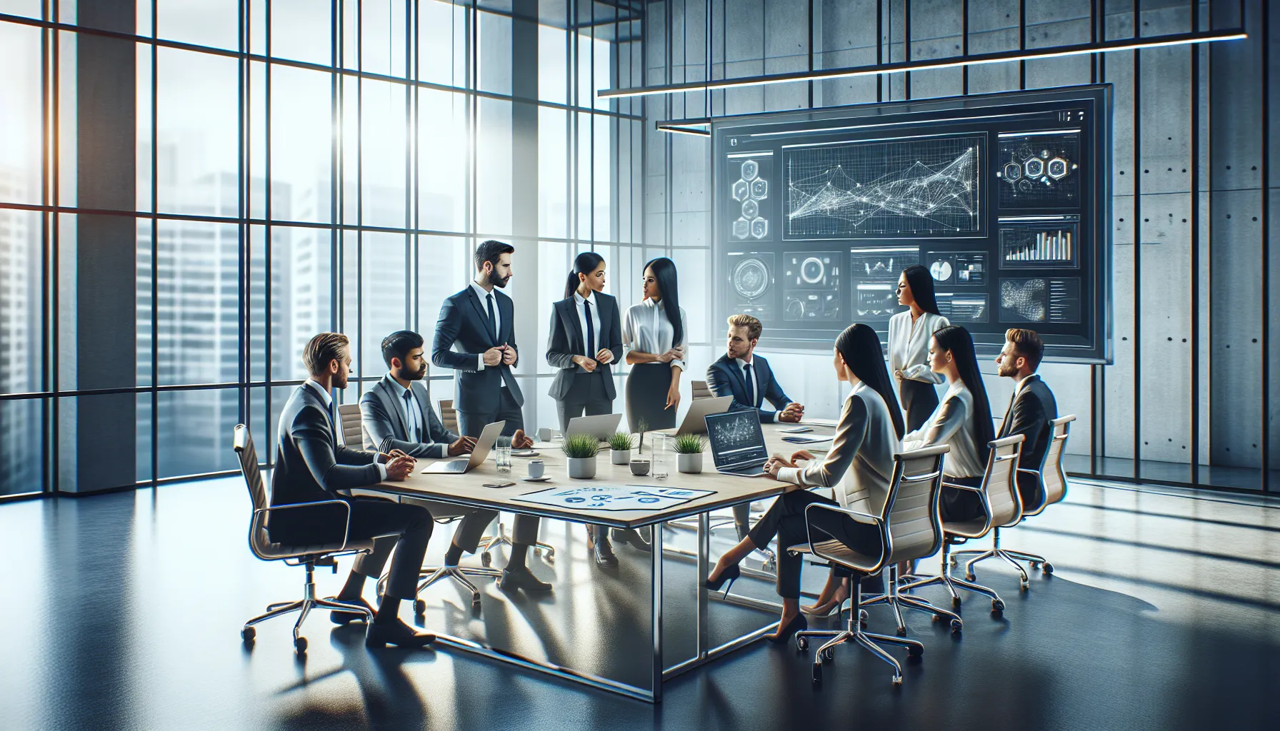 diverse team discussing software features in a modern office.