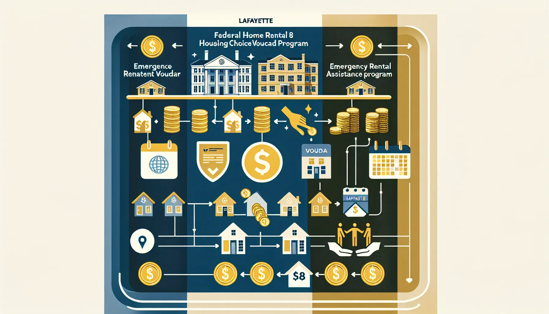Illustration of Lafayette rental assistance programs and local nonprofit help.