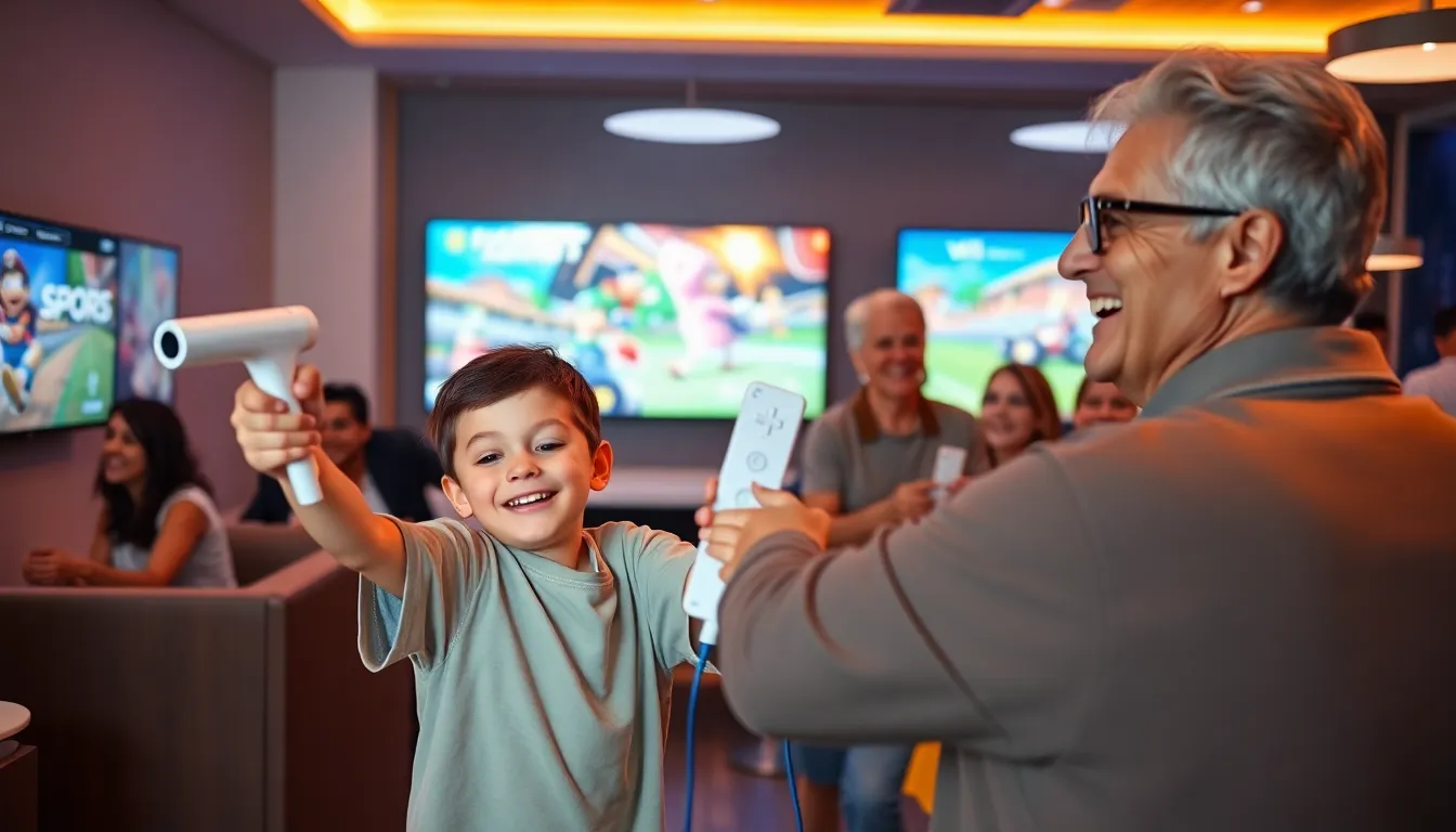 diverse group playing Nintendo Wii in a vibrant gaming lounge.