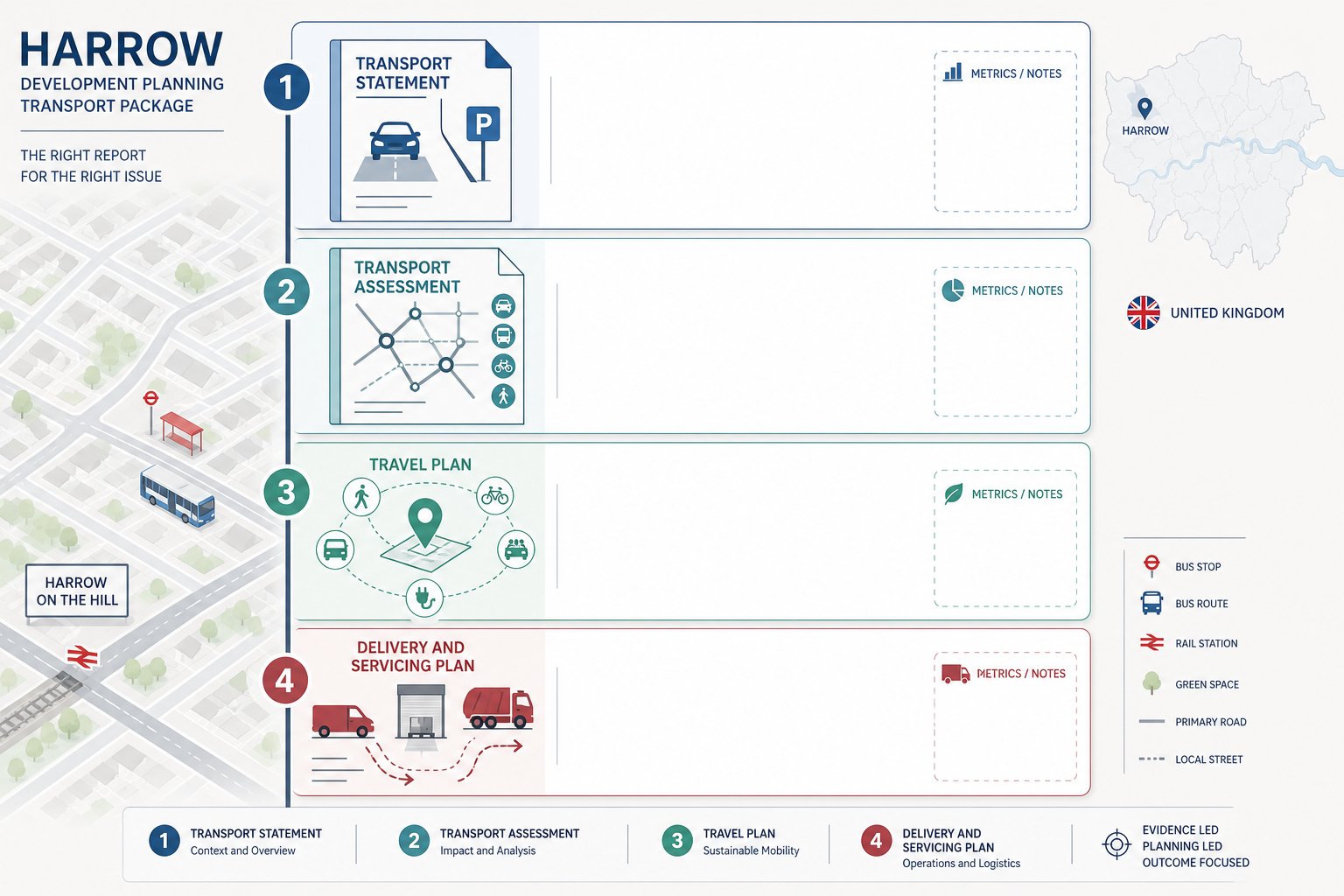 Infographic showing four key transport reports for Harrow development planning.