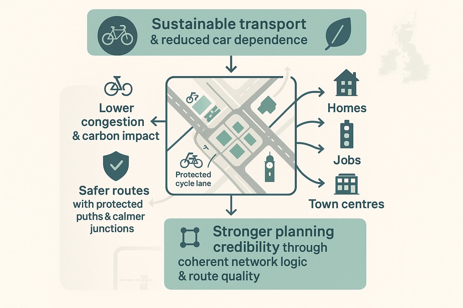 Infographic showing how cycling infrastructure improves safety, access, planning and sustainability.