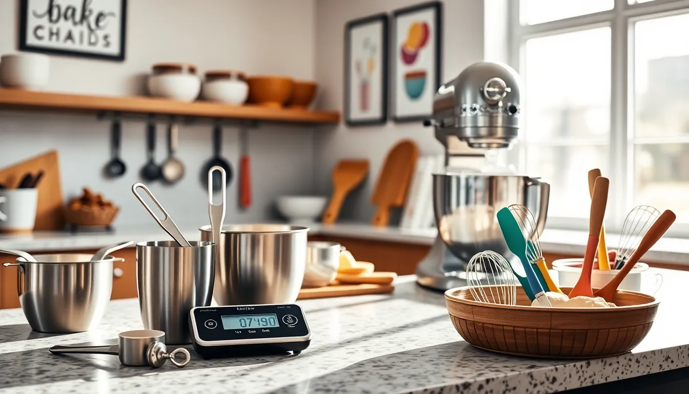 essential baking tools in a modern kitchen workspace.