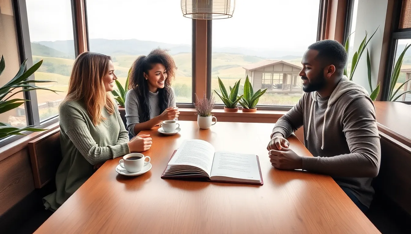 friends discussing their favorite places in a cozy café.