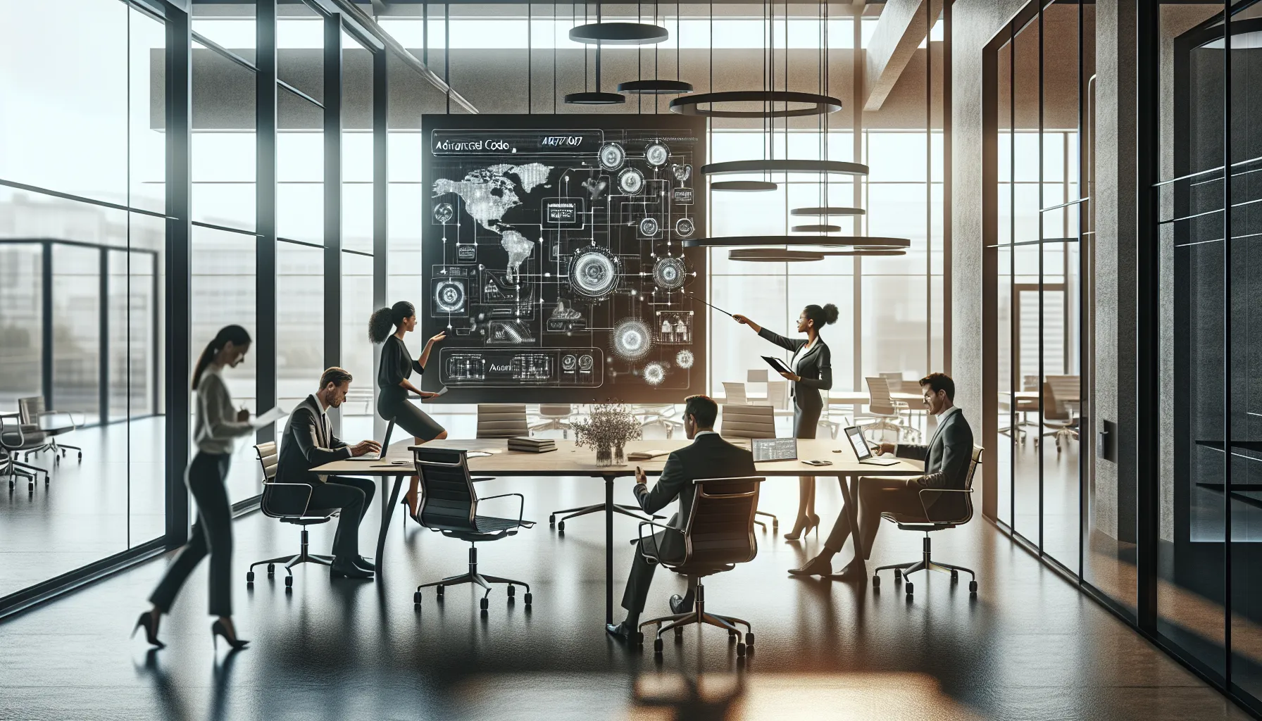 diverse team discussing technology in a modern office setting.