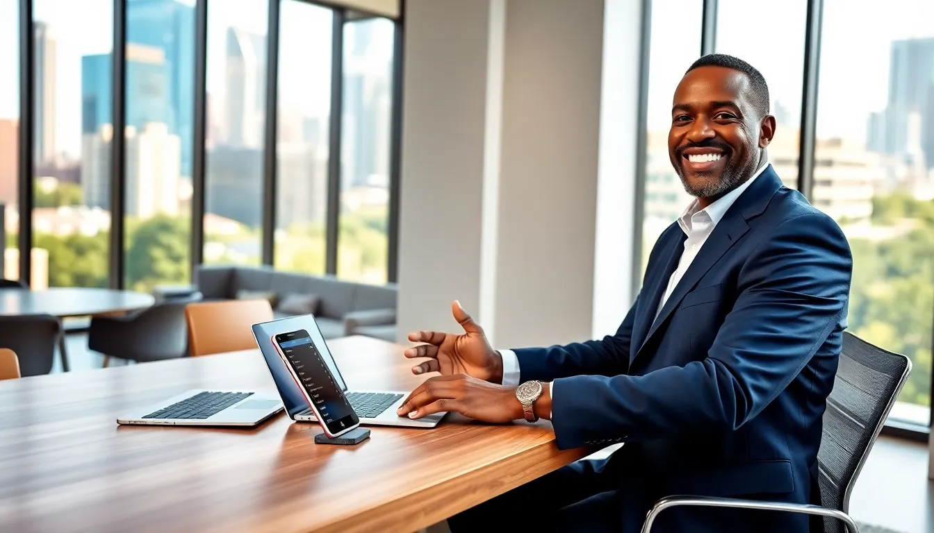 A real estate manager on a video call in a modern office setting.