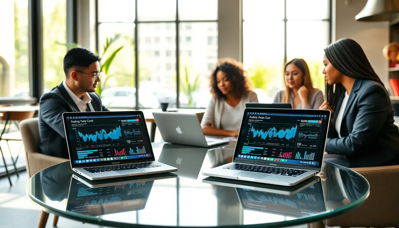 diverse professionals using 5G laptops in a modern café.