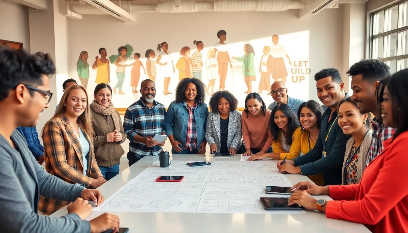 diverse individuals collaborating in a community center.