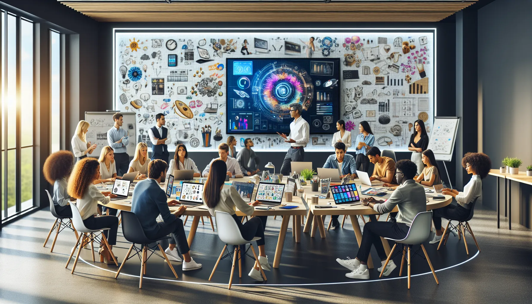 diverse group learning Photoshop in a modern classroom setting.