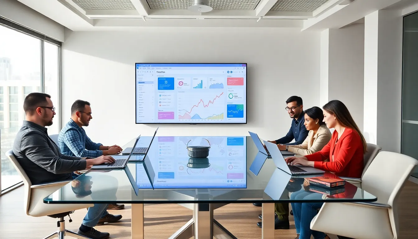 diverse team collaborating on content management systems in a modern office.