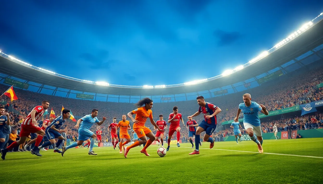 exciting football action in a vibrant stadium with diverse players.