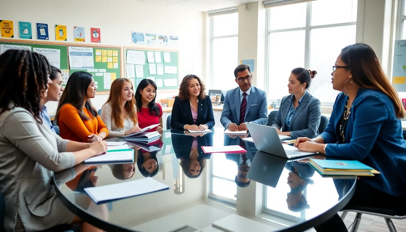 diverse teachers collaborating in a classroom on educational funding issues.