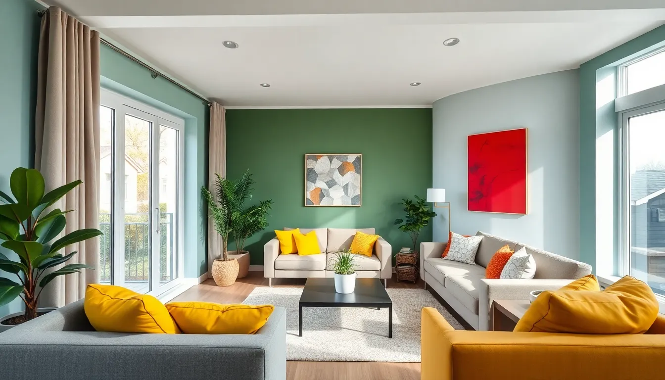 Modern living room with popular paint colors and stylish decor.