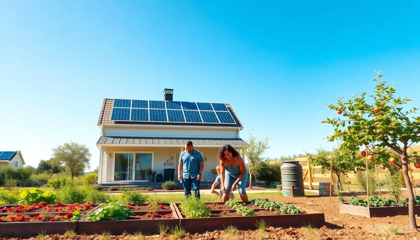 family gardening at a sustainable home with solar panels.