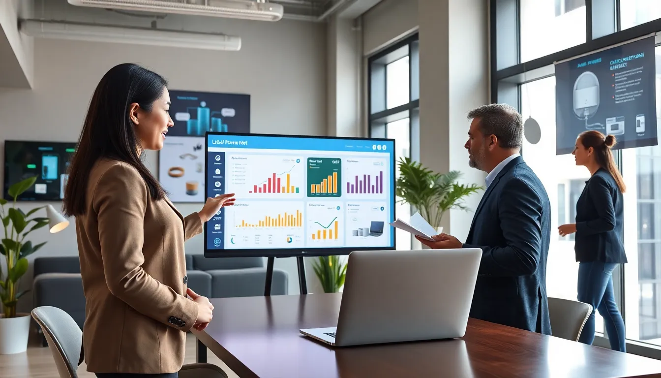 A team collaborating on a cloud-based energy management platform in an office.