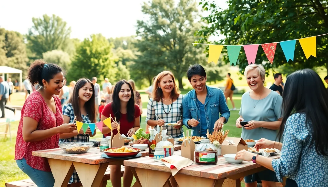 diverse group enjoying a cost-effective outdoor event with DIY decorations.