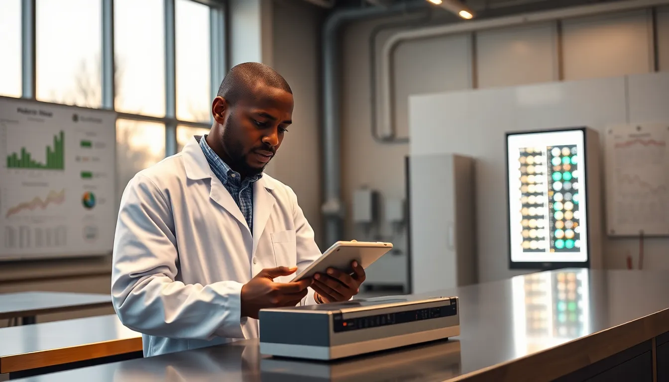 A scientist studying an energy storage system in a modern lab.