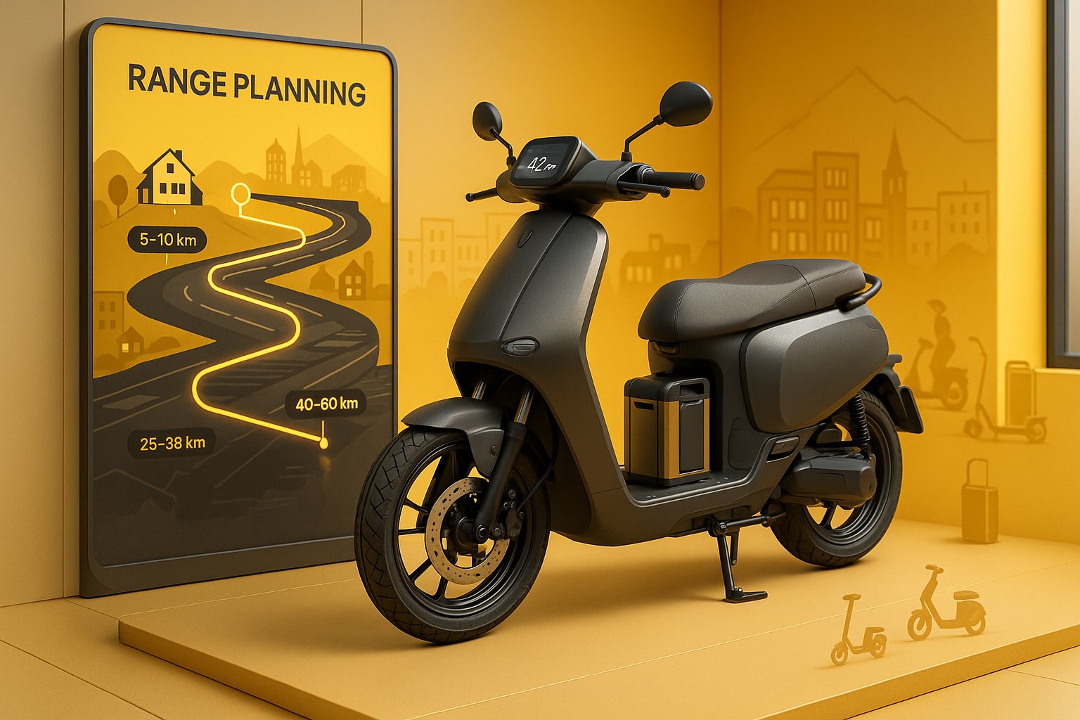 Electric scooter with real-world range markers on Swiss urban commuting routes.