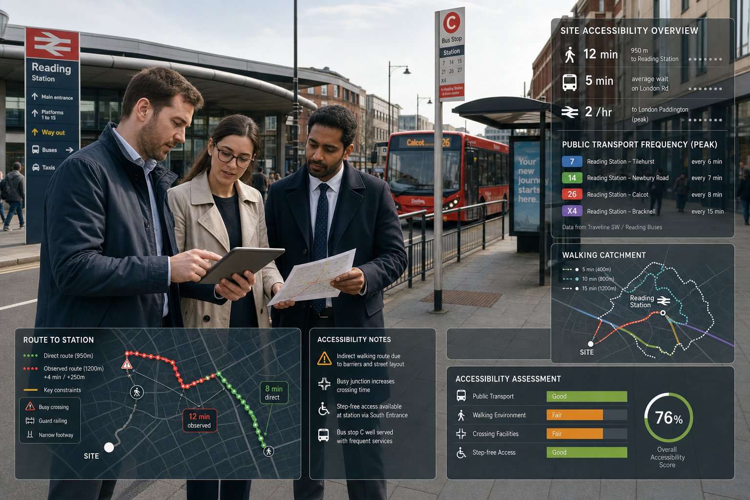 Consultants assessing bus and rail access near a UK development site.