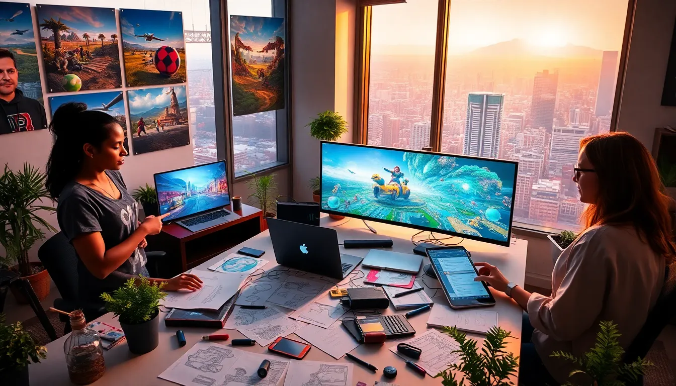 a diverse team of game developers collaborating in a vibrant studio.