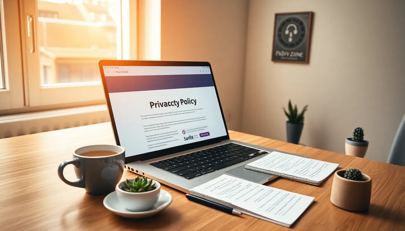 a modern home office with a laptop displaying a privacy policy document.