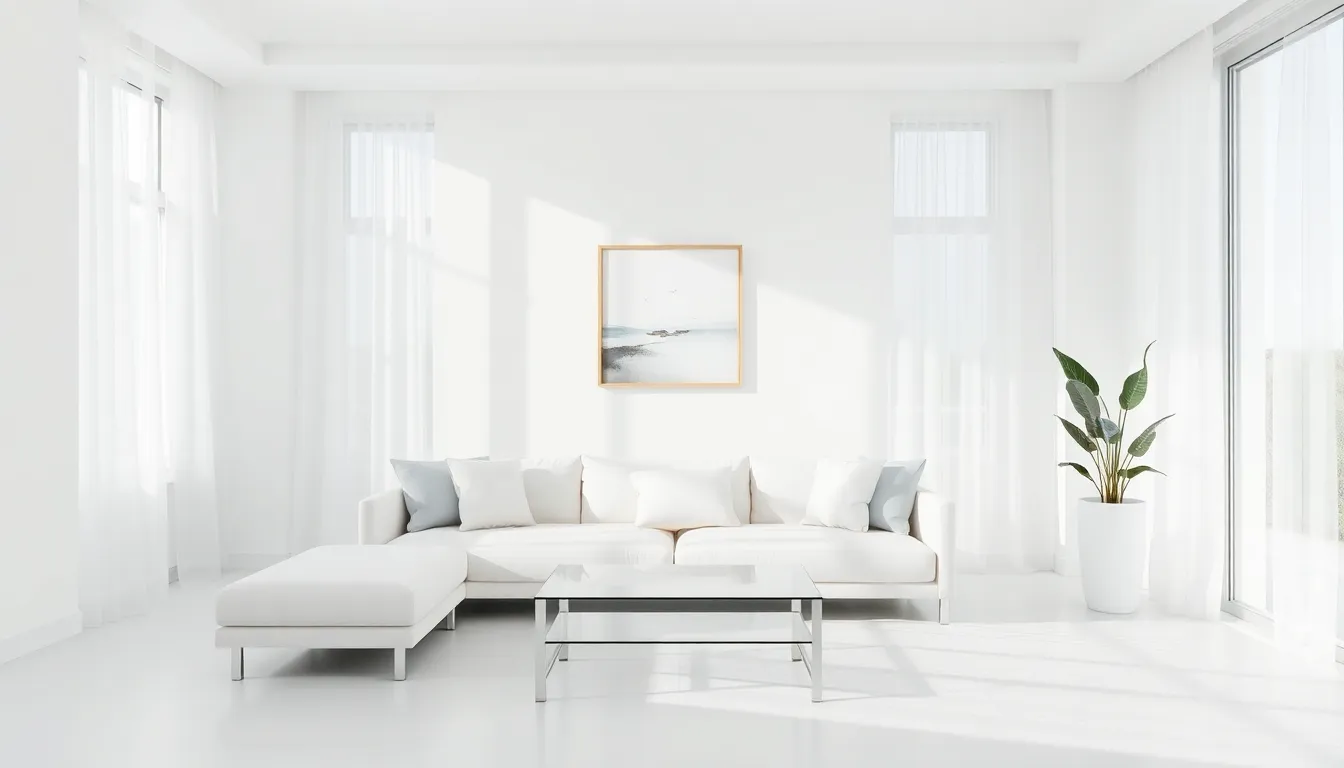minimalist white living room with a sleek sofa and bright natural light.