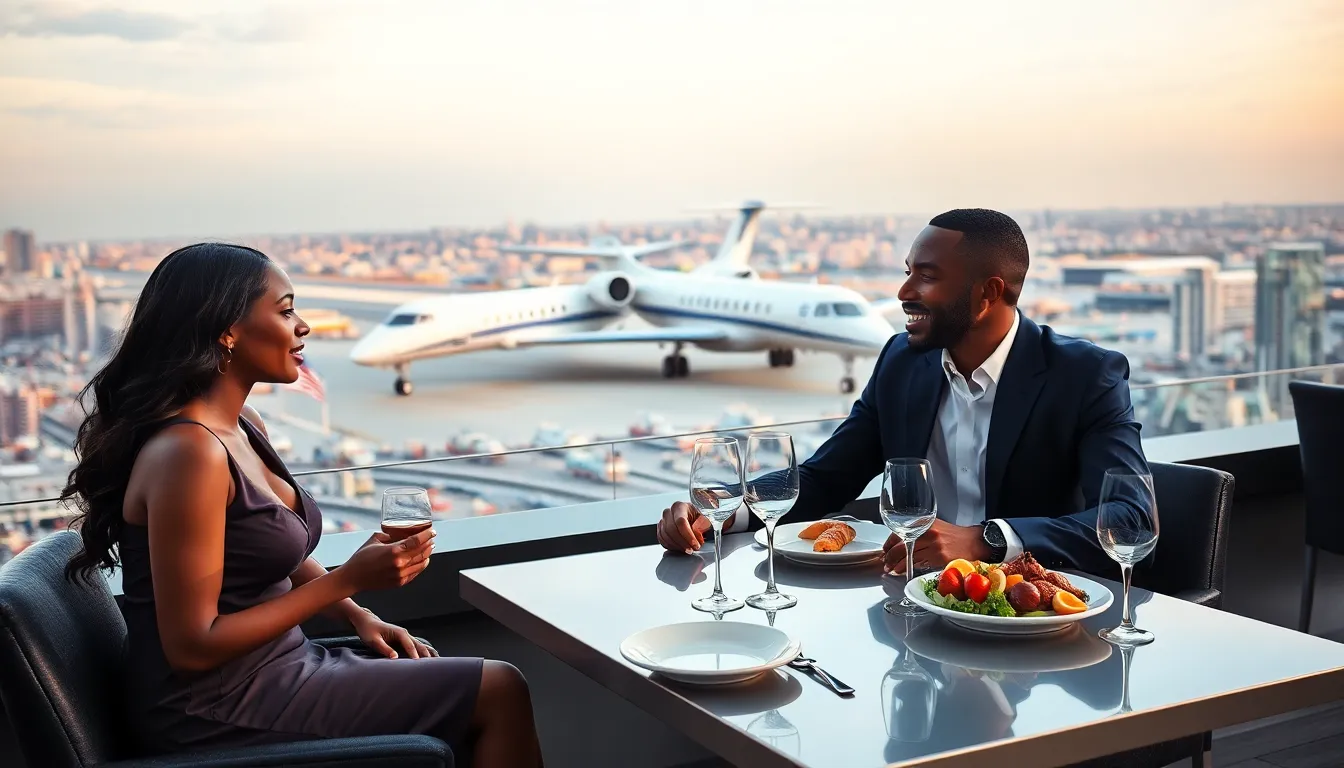 diverse couple enjoying gourmet dining with a city skyline in the background.