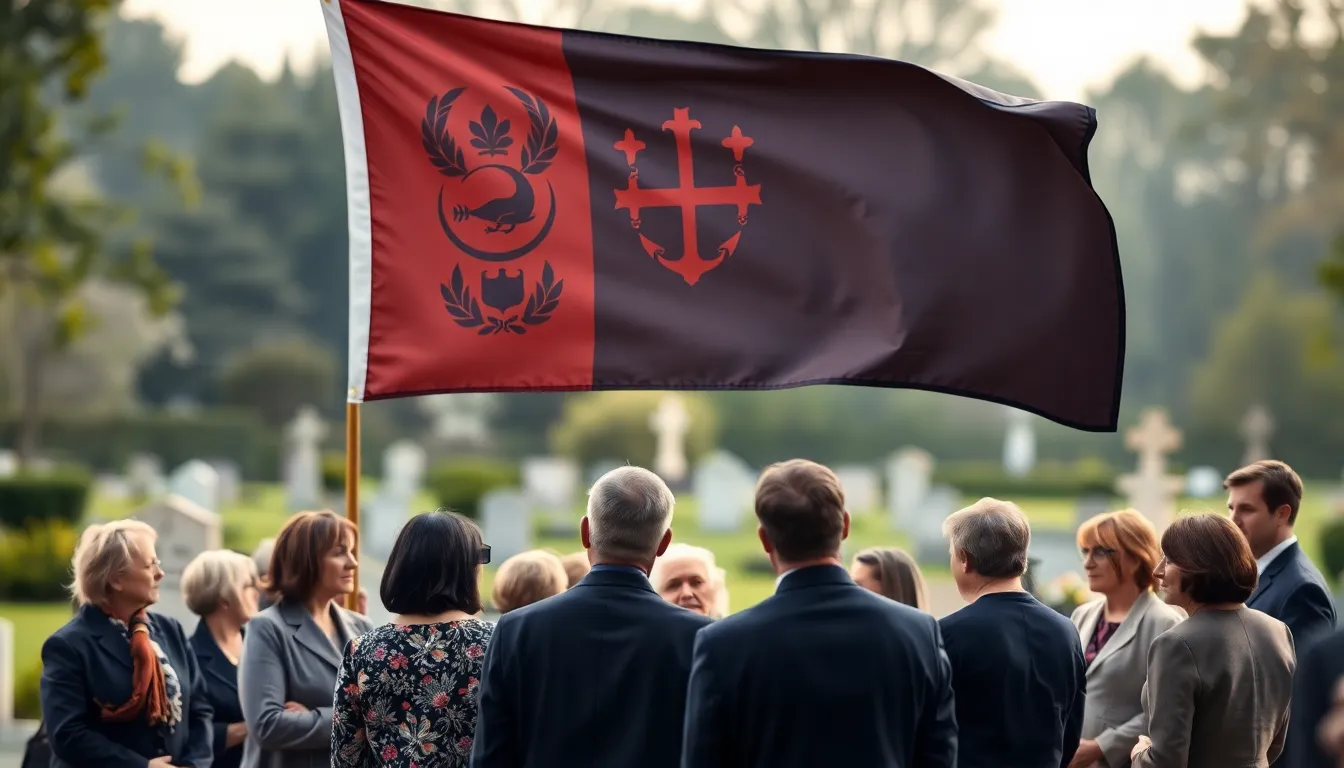 funeral parade flag displayed with mourners in a tranquil outdoor setting.
