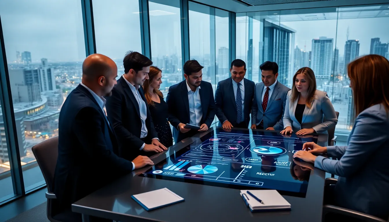 diverse professionals discussing rehcthf in a modern conference room.