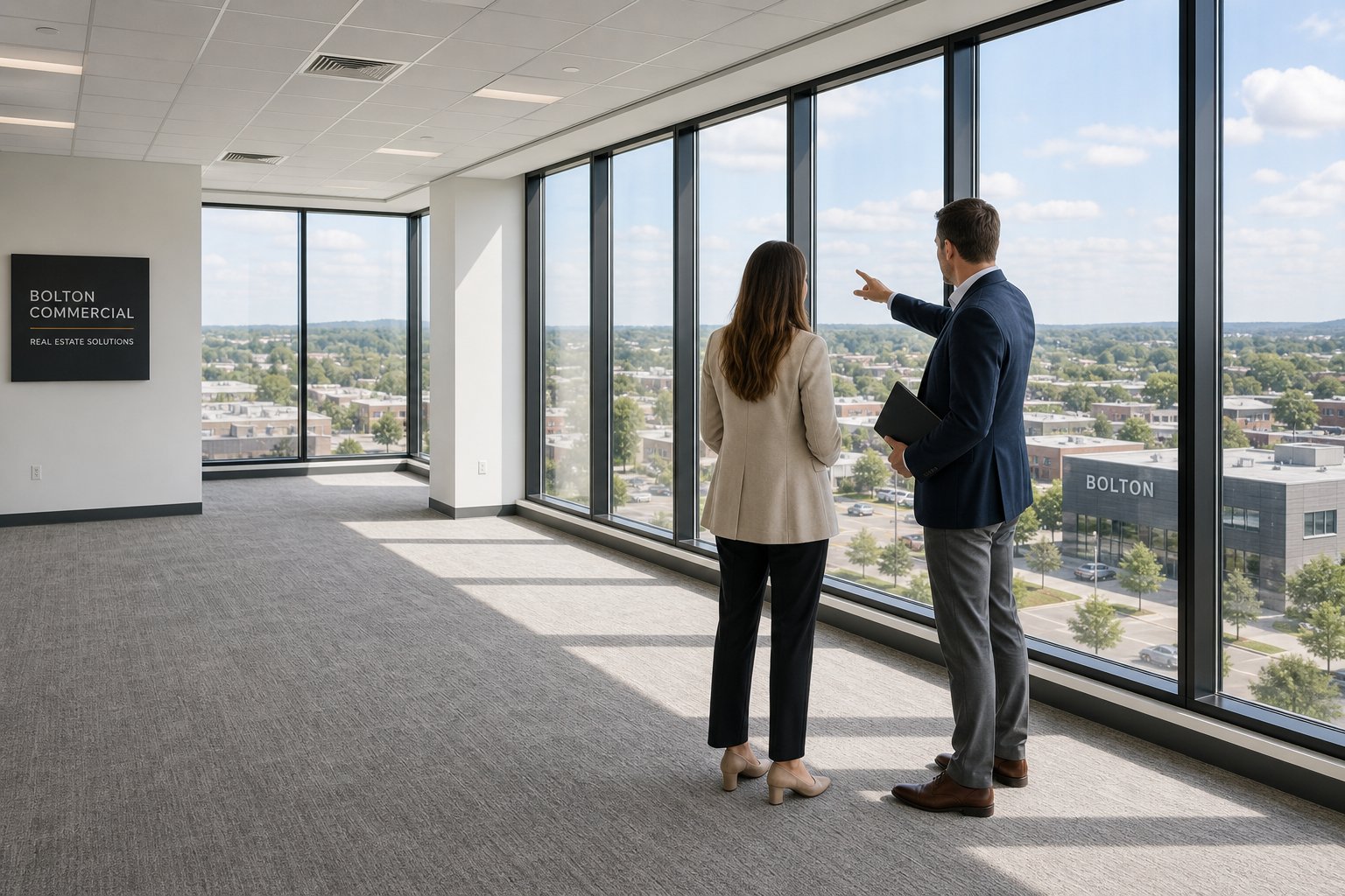 Client and broker viewing a vacant office suite in Bolton while discussing commercial mortgage financing.