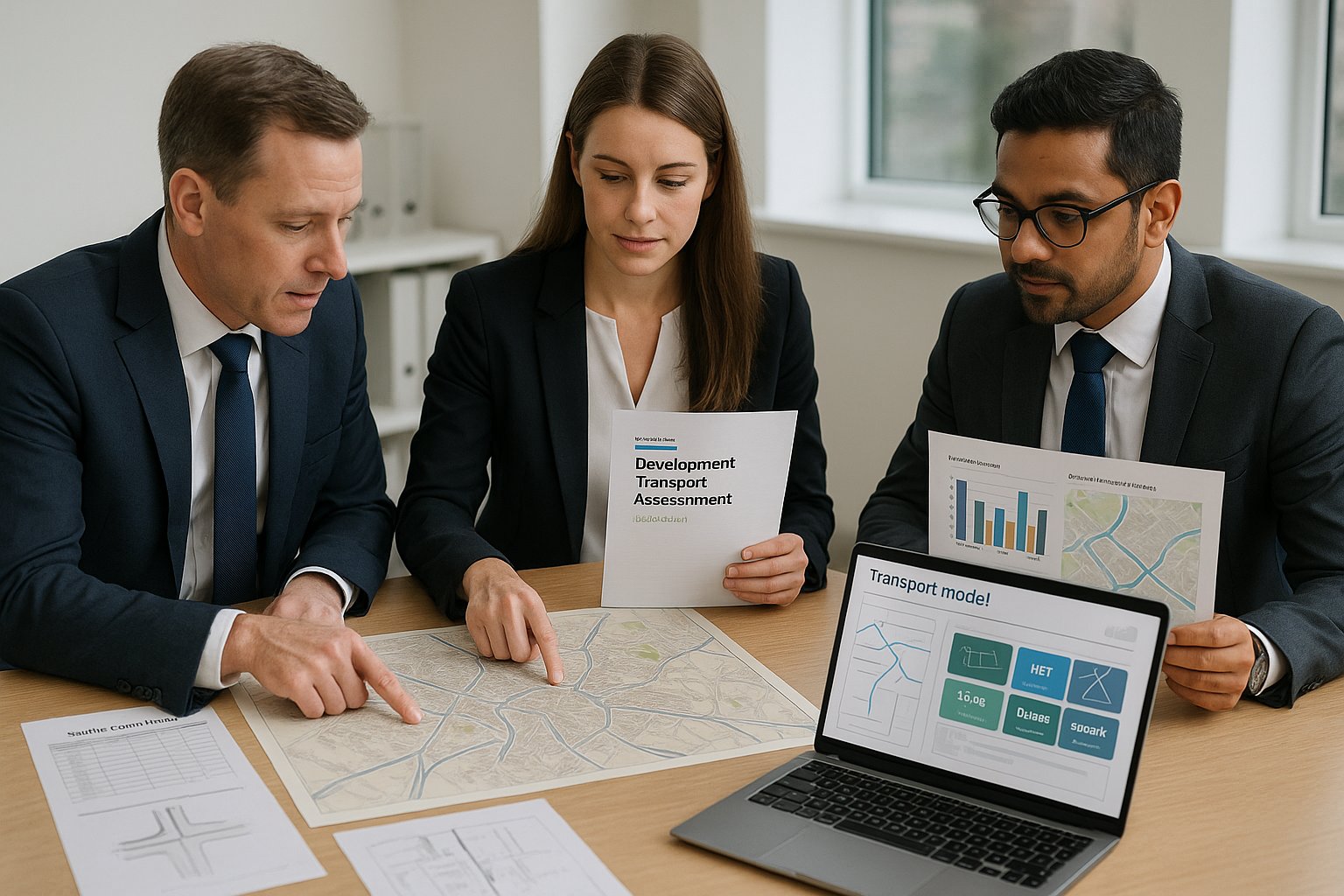 Transport consultants reviewing traffic plans and local authority requirements in a UK office.
