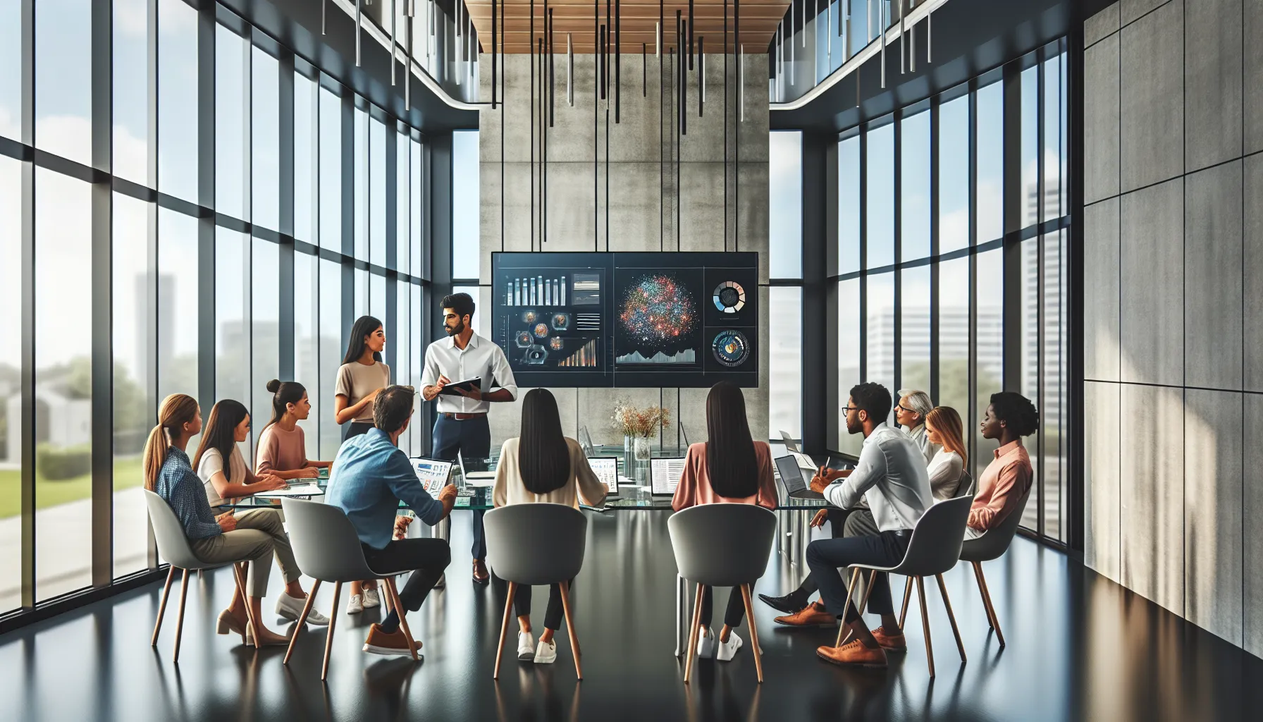 diverse teachers collaborating in a modern training session.