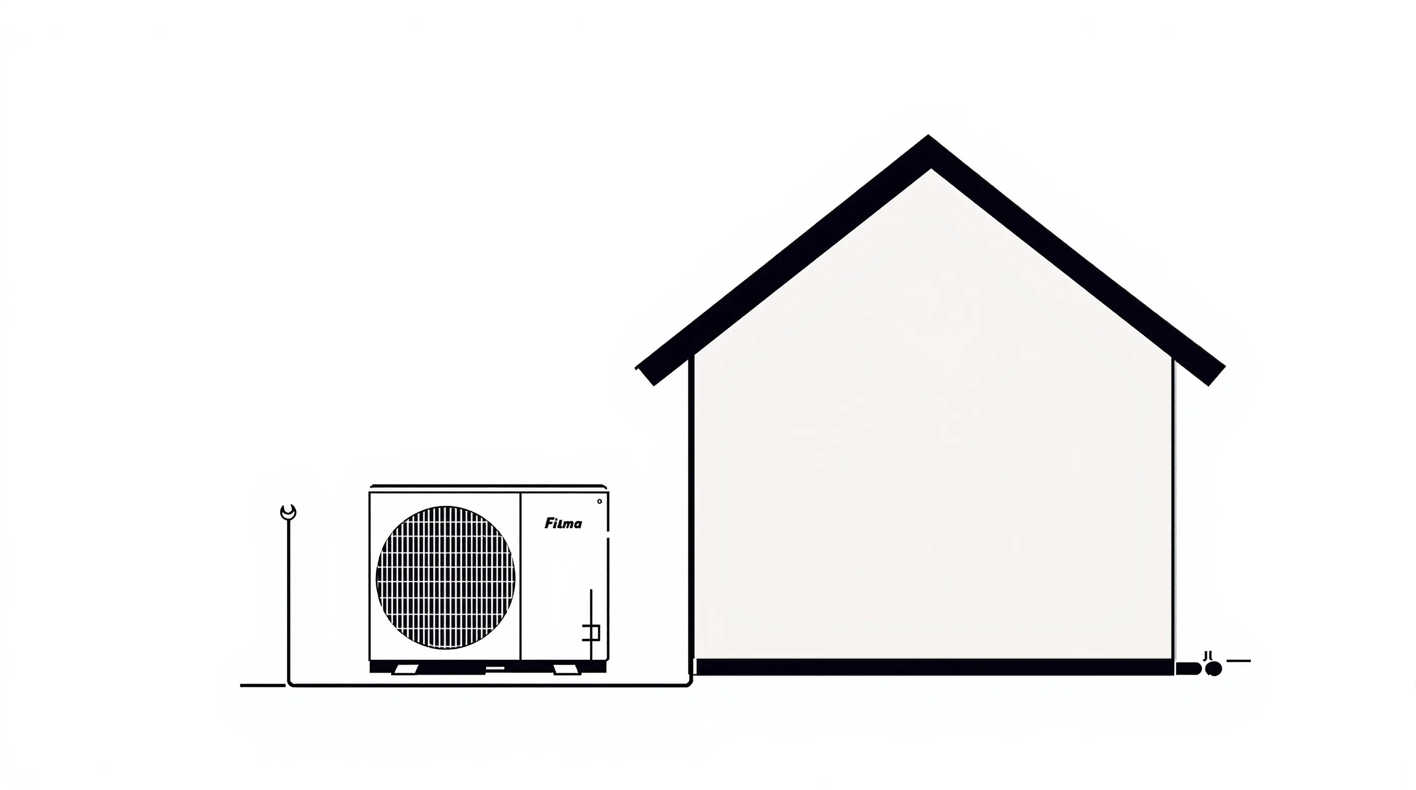 Minimal illustration of a heat pump unit beside a house with installation line.
