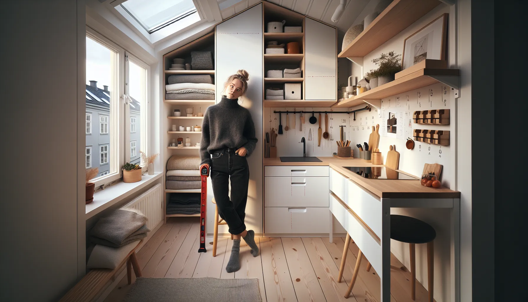 Woman measuring wall and marking storage zones in a small nordic studio.
