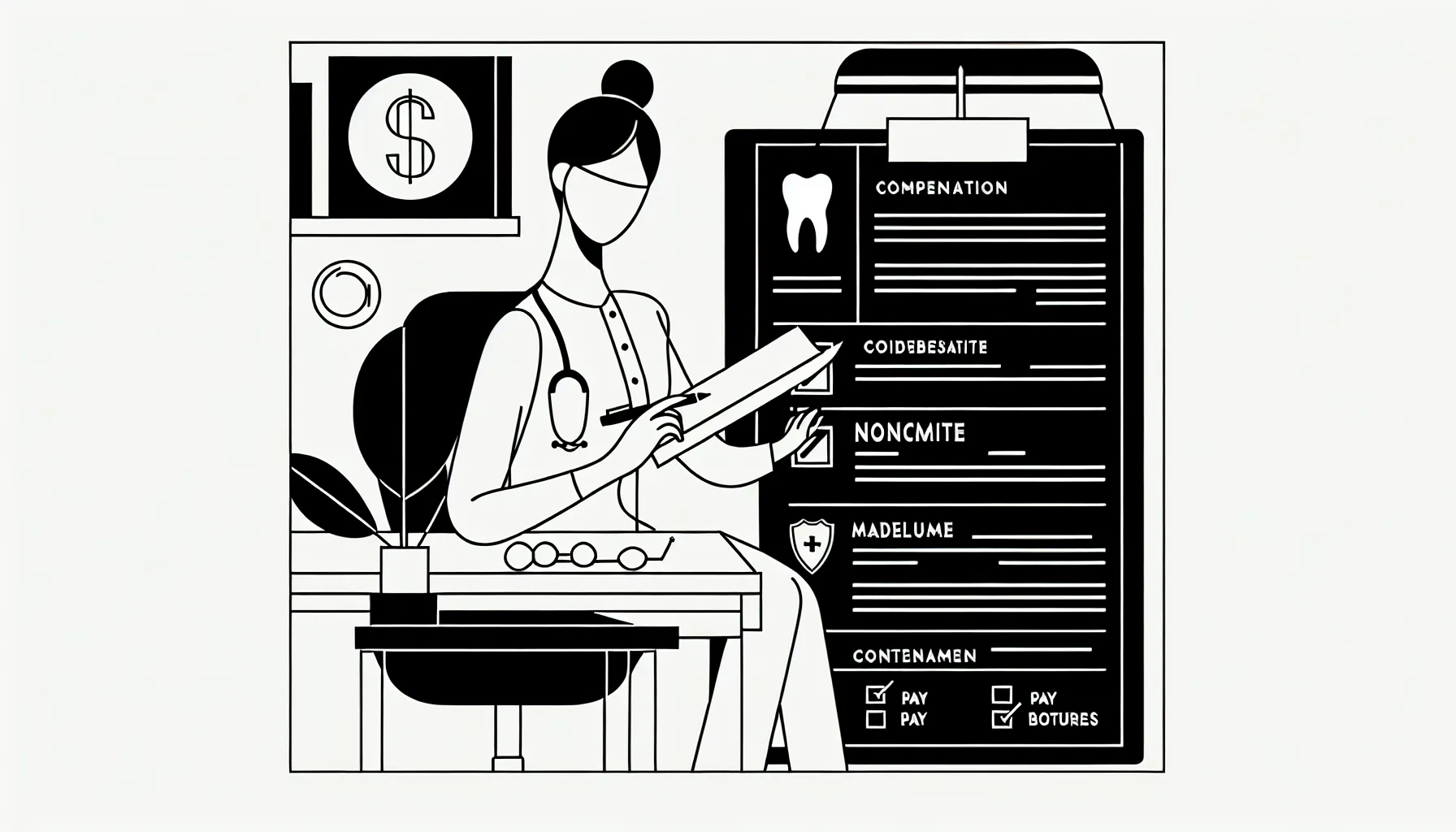 Dentist reviewing a contract with checklist, Wyoming outline, and icons.