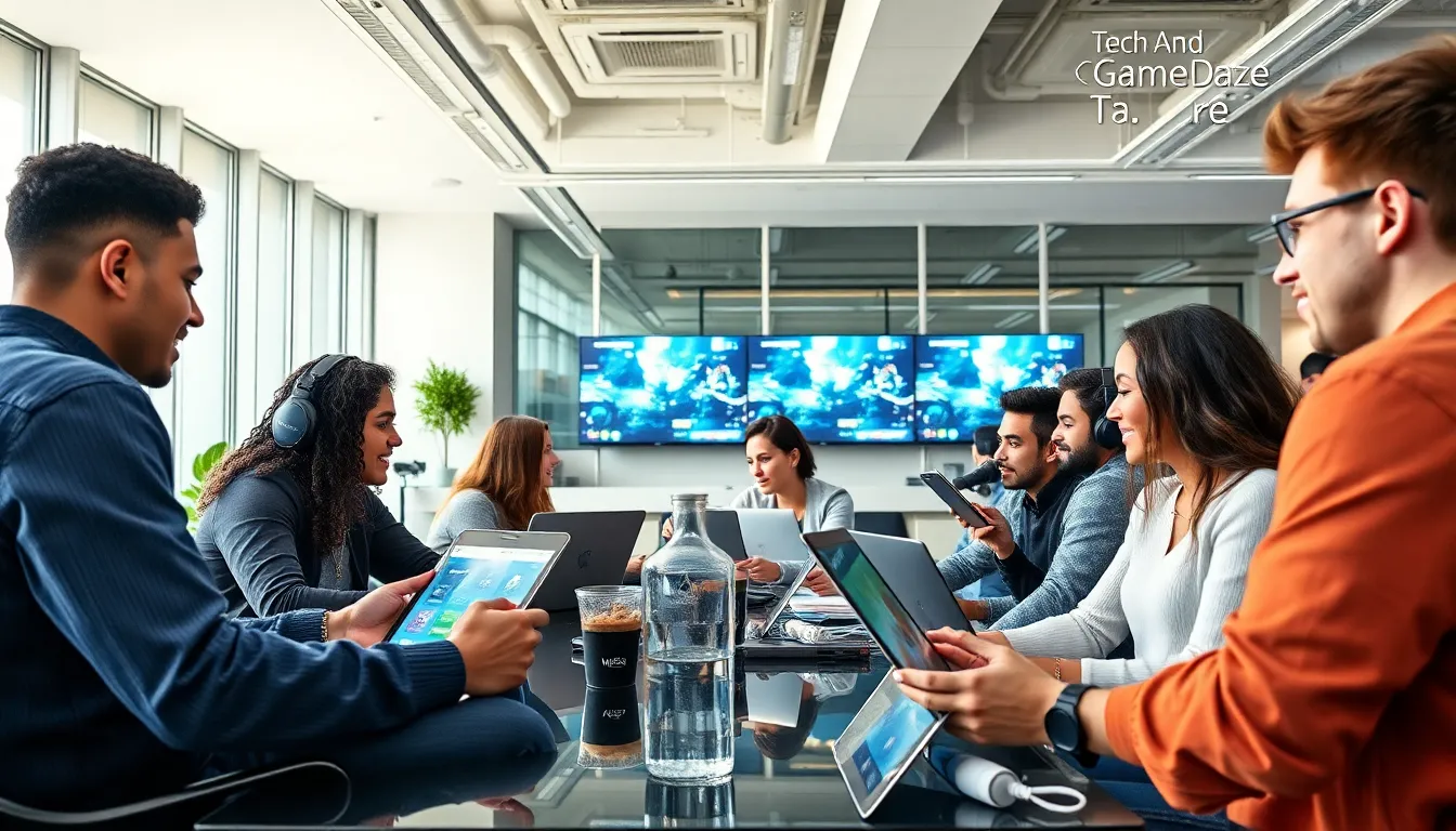diverse team discussing technology and gaming in a modern office.