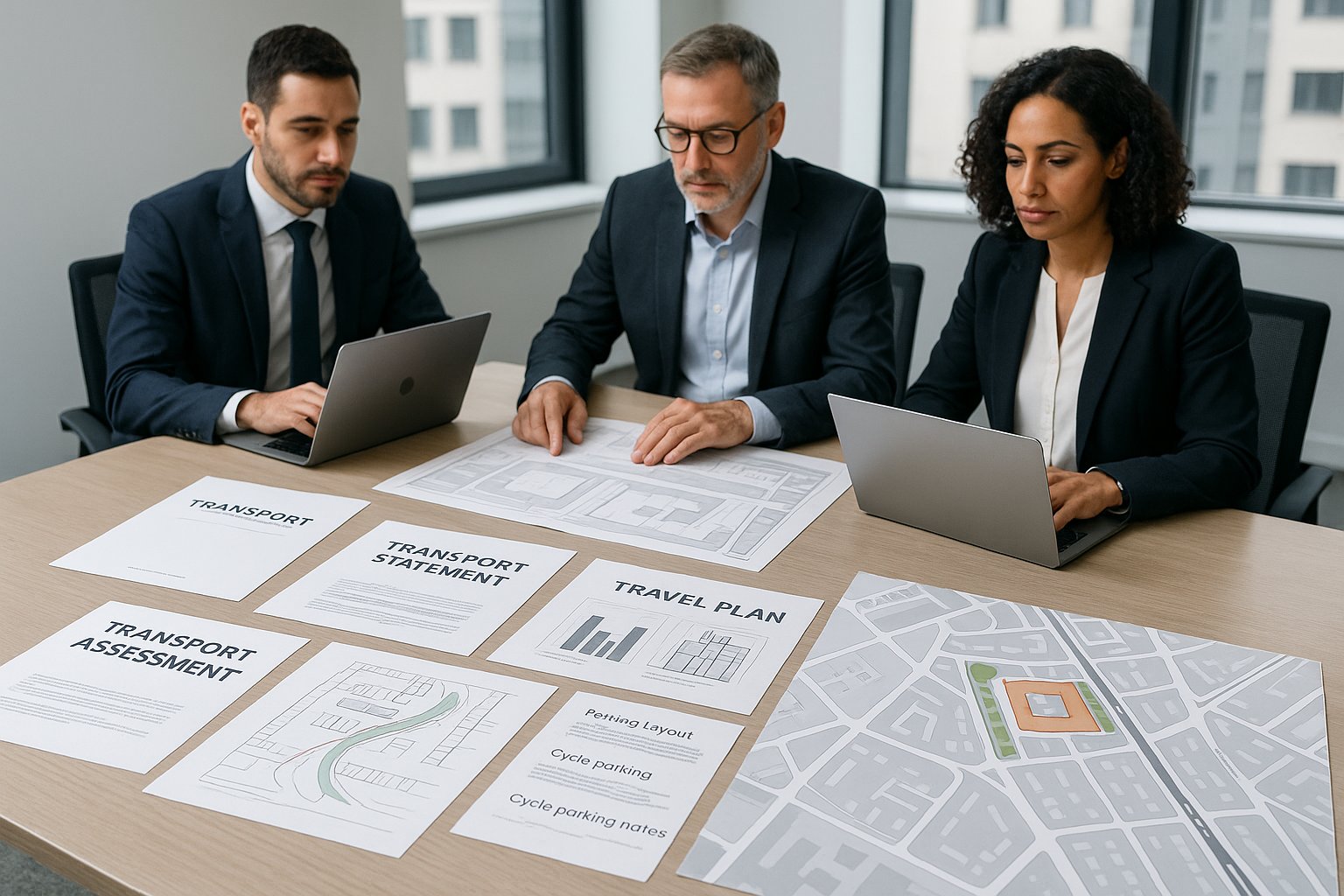 Transport planning consultants reviewing UK planning and traffic reports in an office.