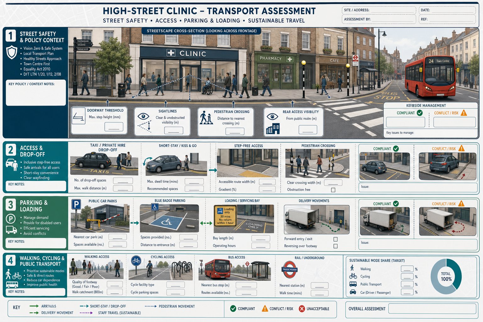 Infographic of clinic access, parking, drop-off, cycling and public transport issues.