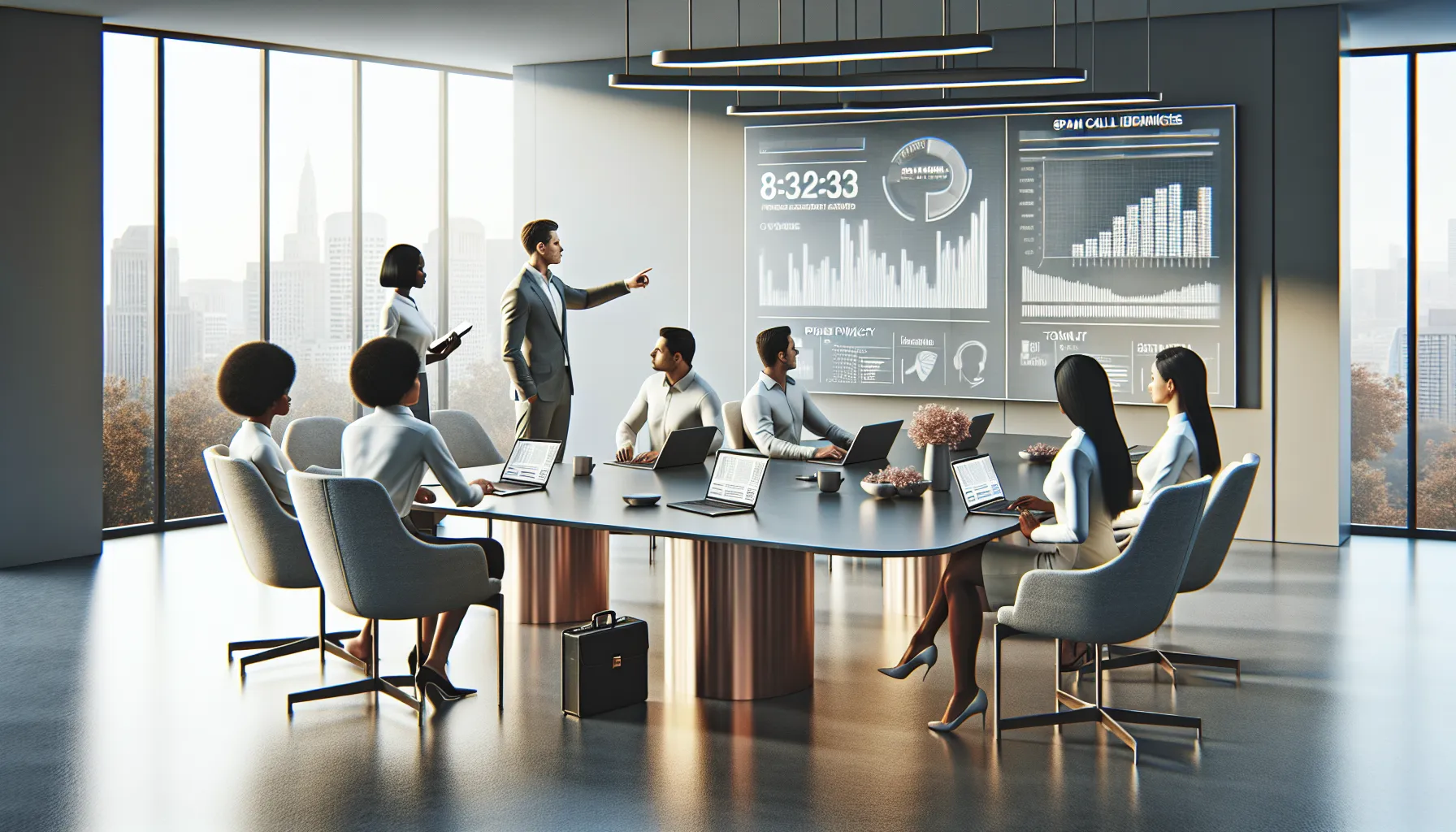 professionals discussing spam call identification in a modern office