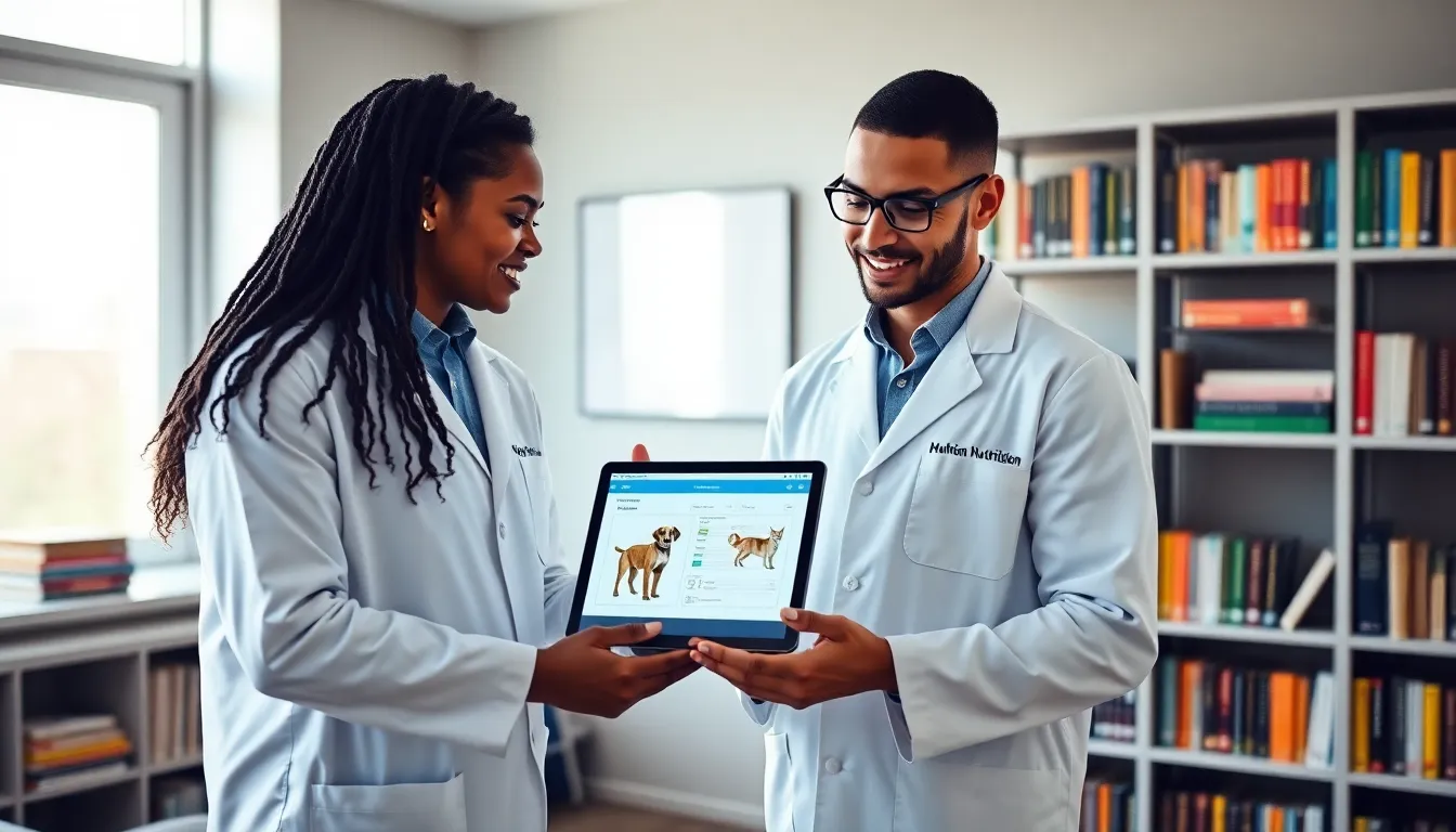 team of pet nutritionists discussing a nutrition plan.