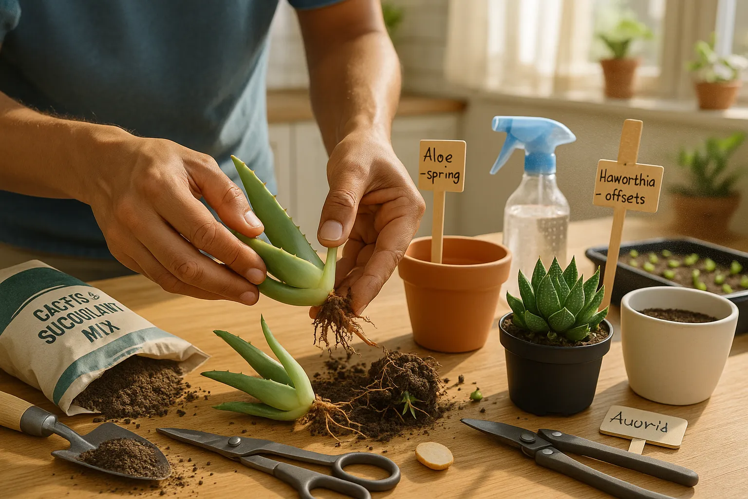 Hands repotting Aloe vera pup beside Haworthia offsets on a sunlit table.