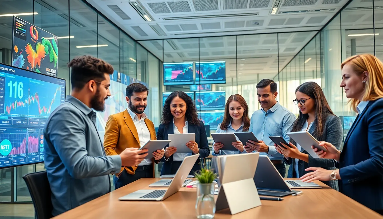 diverse professionals discussing NFTs in a modern office.