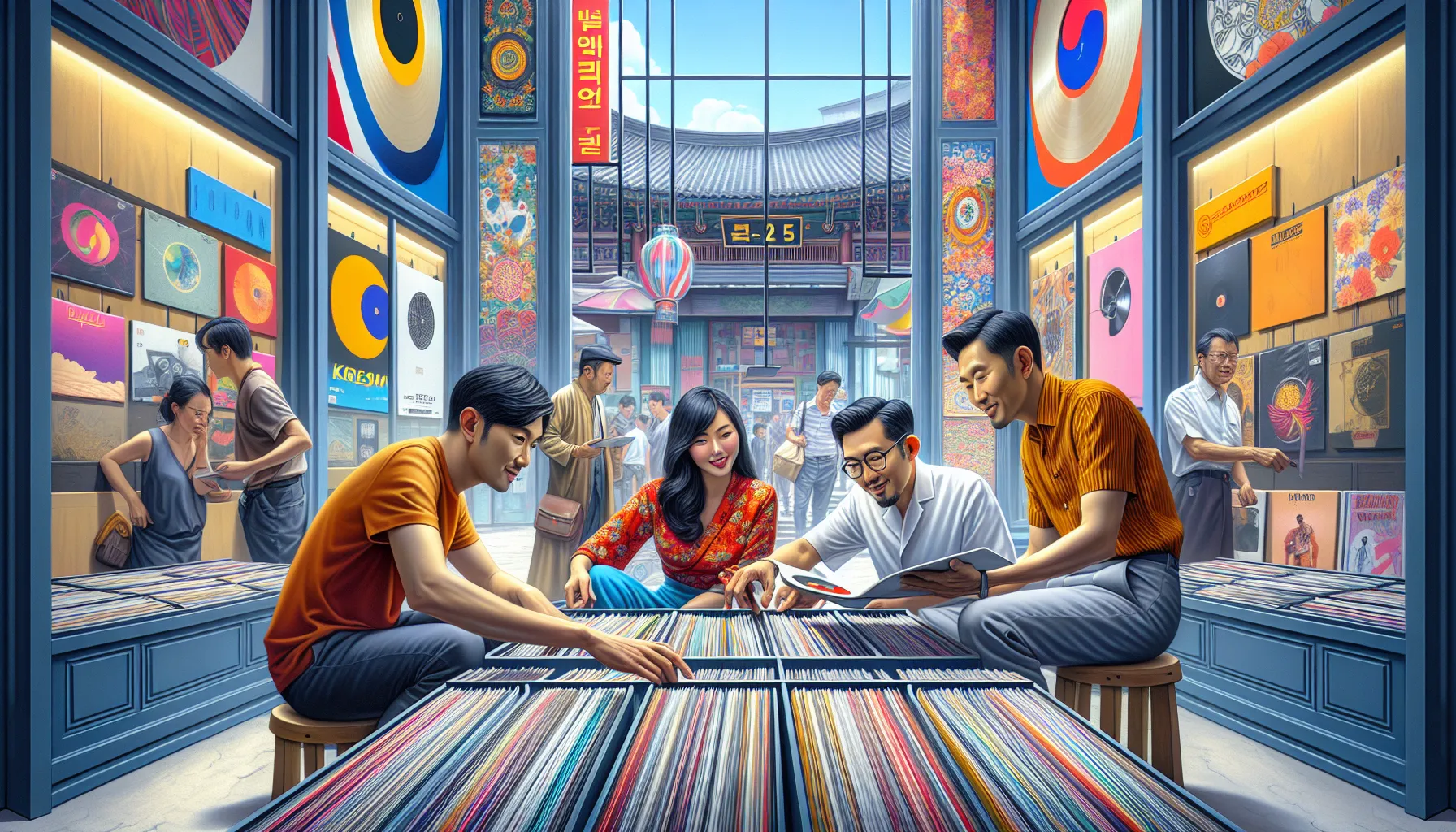 diverse collectors examining vinyl records in a modern store.