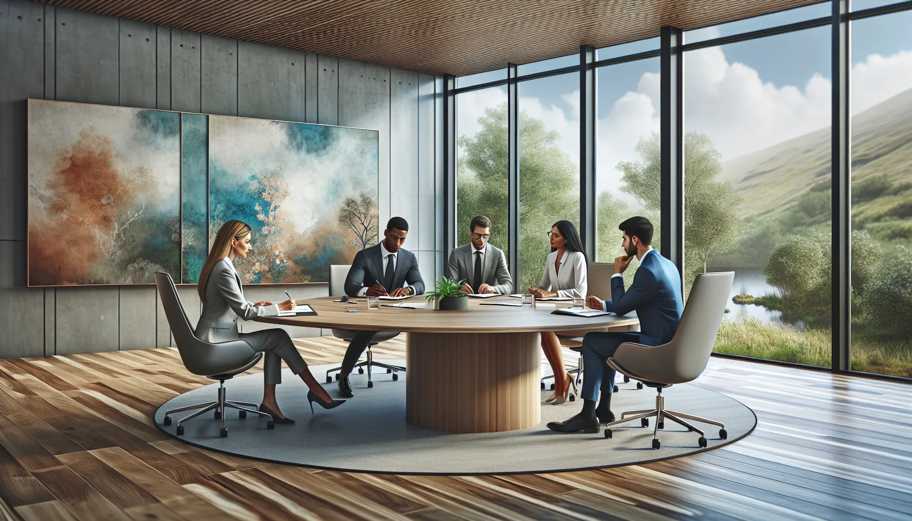 diverse professionals discussing the concept of Hydaguay in a modern office.