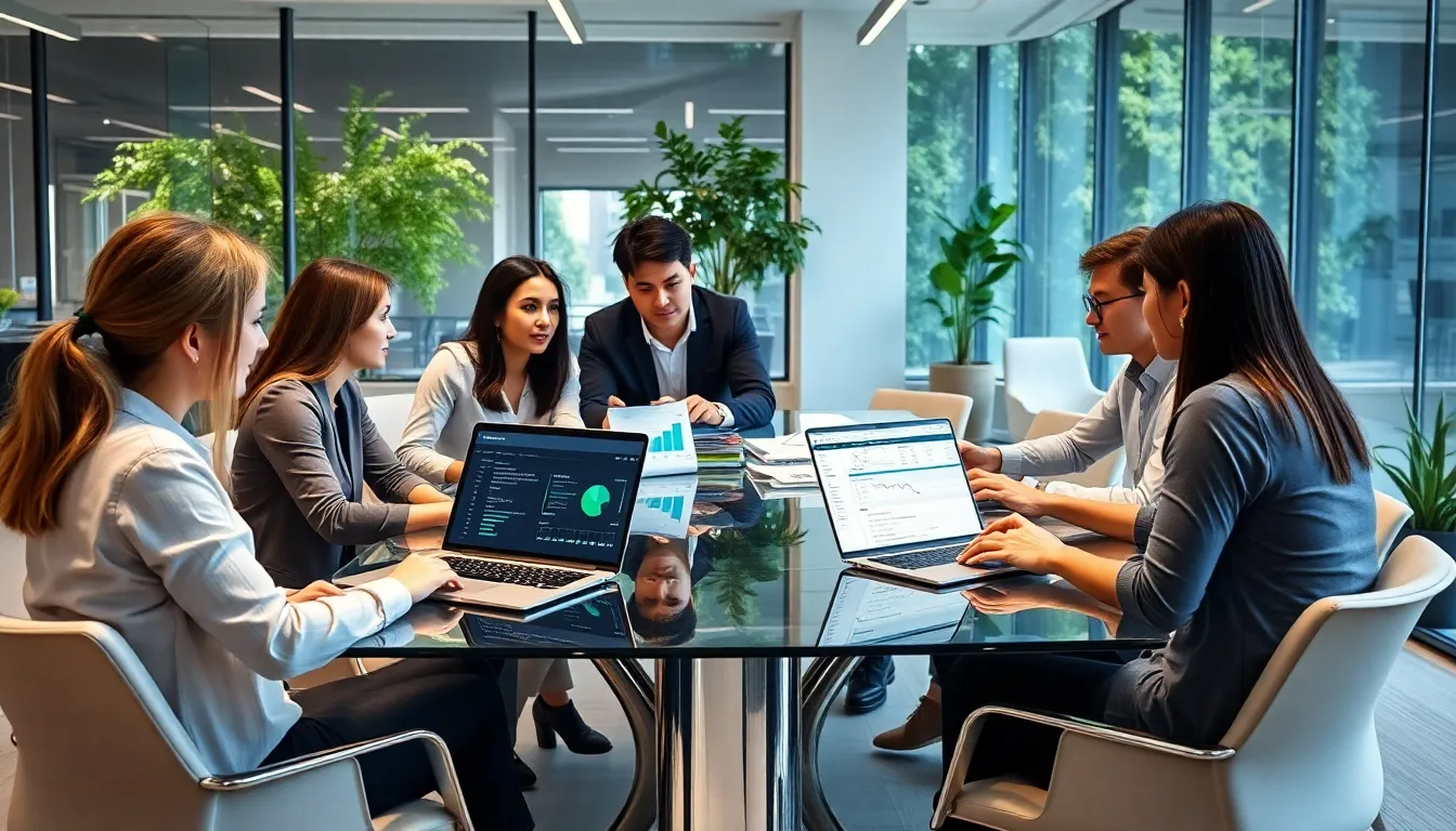 diverse professionals discussing DH58GOH9.7 software in a modern office.