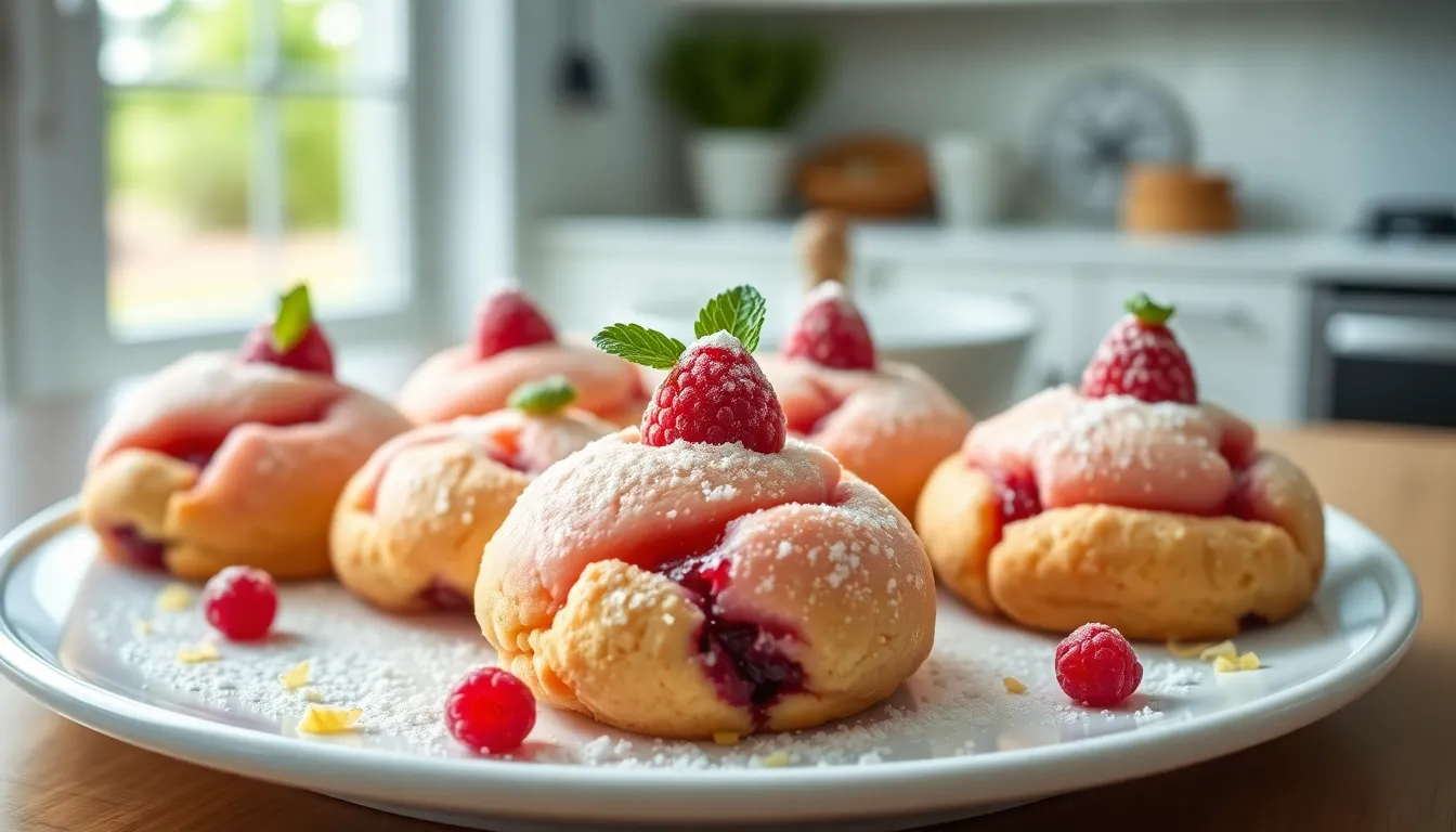 freshly baked raspberry lemonade cookies on a modern kitchen plate.