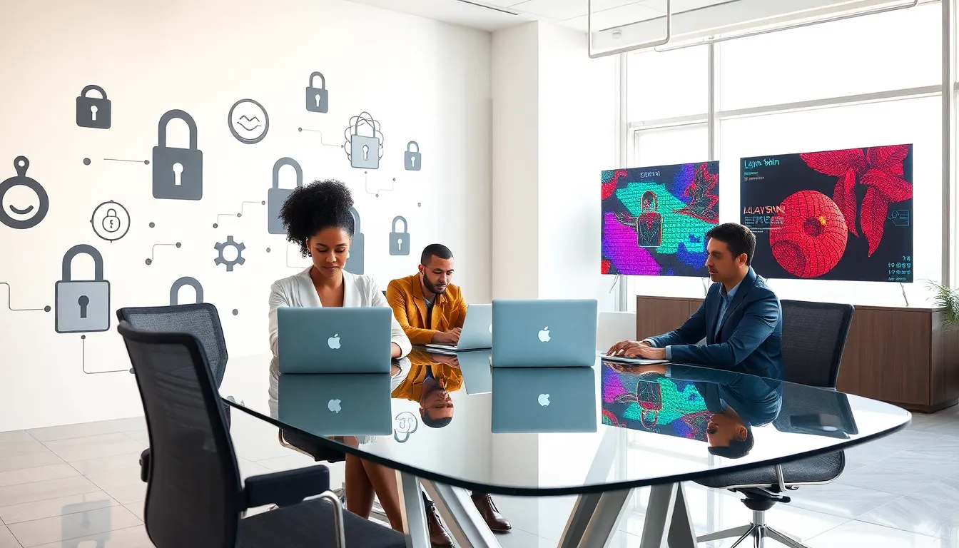 professionals reviewing digital assets in a modern office setting.