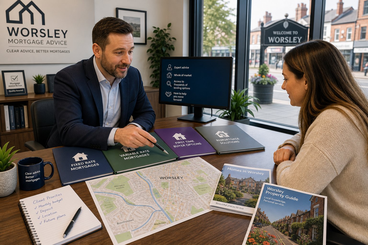 Client and adviser comparing lending options with documents and a local map in a professional office.