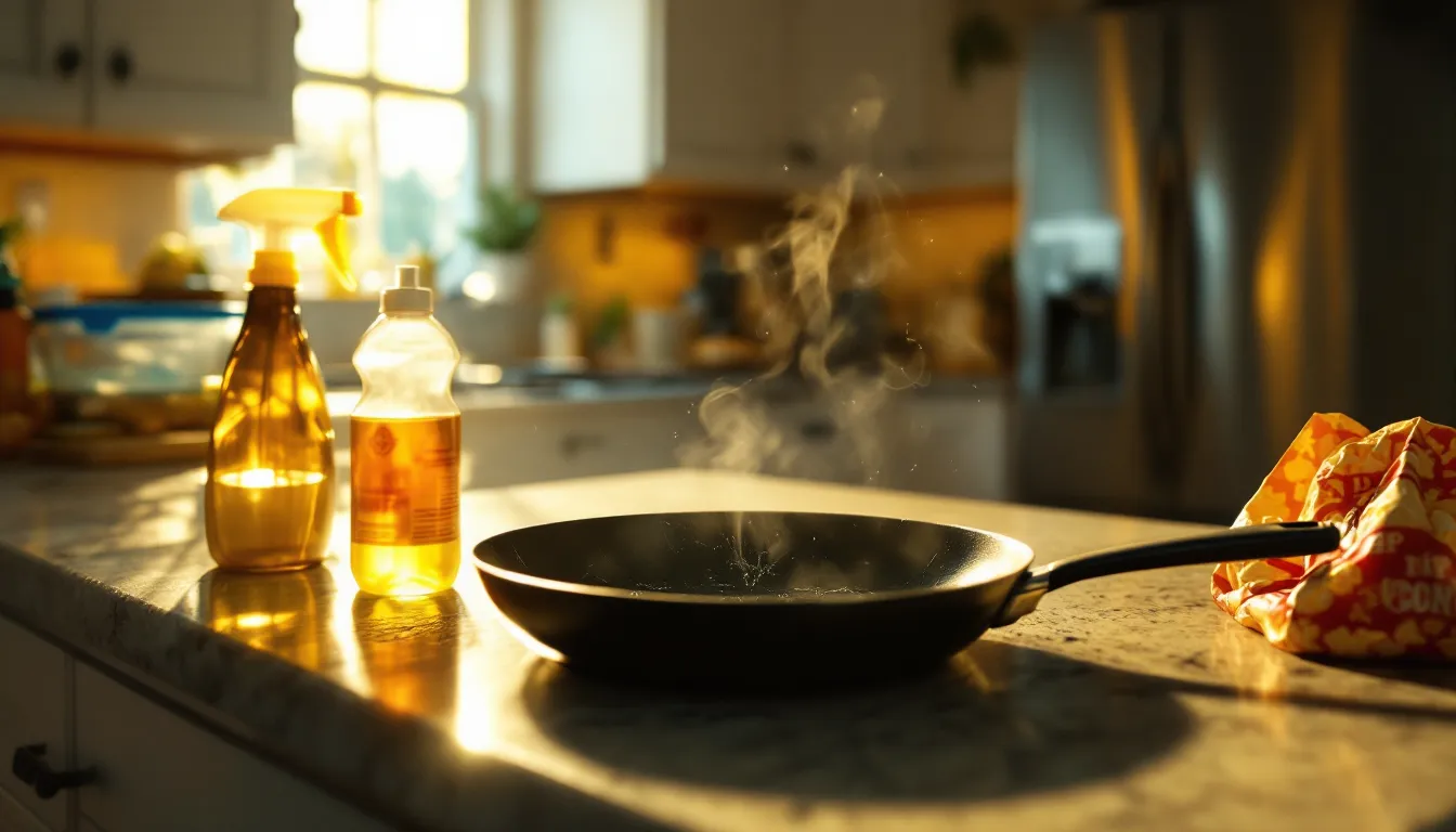Scratched nonstick pan surrounded by household cleaning and personal care products on a kitchen counter.